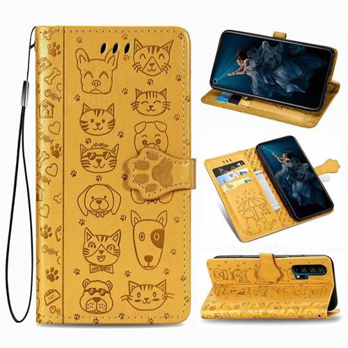Embossing Dog Paw Kitten and Puppy Leather Wallet Case for Huawei Honor 20 Pro - Yellow