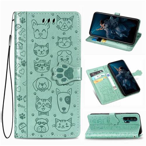 Embossing Dog Paw Kitten and Puppy Leather Wallet Case for Huawei Honor 20 Pro - Green