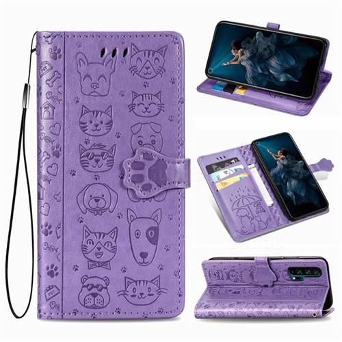 Embossing Dog Paw Kitten and Puppy Leather Wallet Case for Huawei Honor 20 Pro - Purple