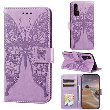 Intricate Embossing Rose Flower Butterfly Leather Wallet Case for Huawei Honor 20 Pro - Purple