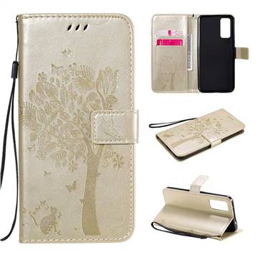 Embossing Butterfly Tree Leather Wallet Case for Huawei Honor 30 - Champagne