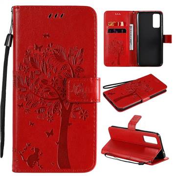 Embossing Butterfly Tree Leather Wallet Case for Huawei Honor 30 - Red