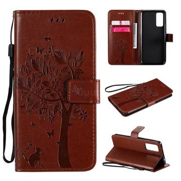 Embossing Butterfly Tree Leather Wallet Case for Huawei Honor 30 - Coffee