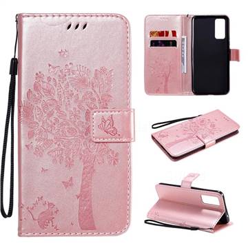 Embossing Butterfly Tree Leather Wallet Case for Huawei Honor 30 - Rose Pink