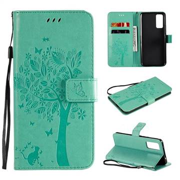 Embossing Butterfly Tree Leather Wallet Case for Huawei Honor 30 - Cyan