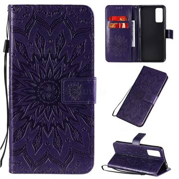 Embossing Sunflower Leather Wallet Case for Huawei Honor 30 - Purple