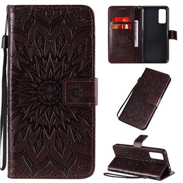 Embossing Sunflower Leather Wallet Case for Huawei Honor 30 - Brown
