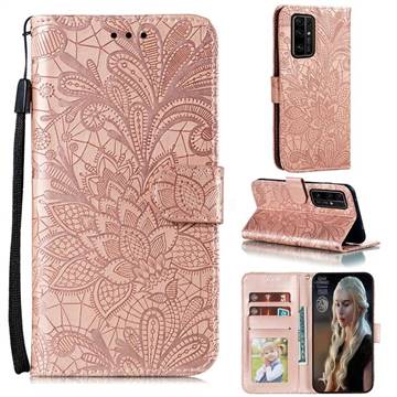 Intricate Embossing Lace Jasmine Flower Leather Wallet Case for Huawei Honor 30 - Rose Gold