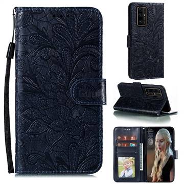 Intricate Embossing Lace Jasmine Flower Leather Wallet Case for Huawei Honor 30 - Dark Blue