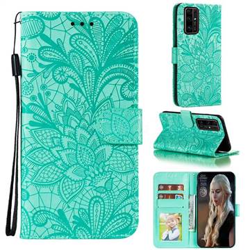 Intricate Embossing Lace Jasmine Flower Leather Wallet Case for Huawei Honor 30 - Green