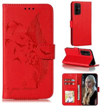 Intricate Embossing Lychee Feather Bird Leather Wallet Case for Huawei Honor 30 - Red
