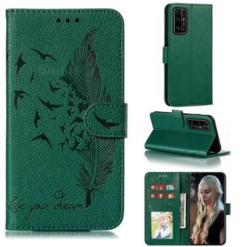 Intricate Embossing Lychee Feather Bird Leather Wallet Case for Huawei Honor 30 - Green