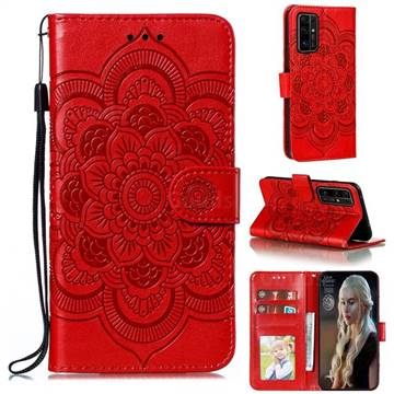 Intricate Embossing Datura Solar Leather Wallet Case for Huawei Honor 30 - Red