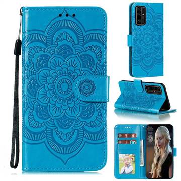 Intricate Embossing Datura Solar Leather Wallet Case for Huawei Honor 30 - Blue