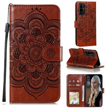 Intricate Embossing Datura Solar Leather Wallet Case for Huawei Honor 30 - Brown