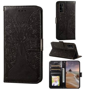 Intricate Embossing Rose Flower Butterfly Leather Wallet Case for Huawei Honor 30 - Black