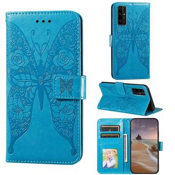 Intricate Embossing Rose Flower Butterfly Leather Wallet Case for Huawei Honor 30 - Blue