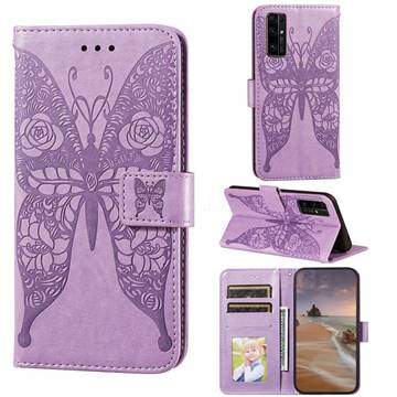 Intricate Embossing Rose Flower Butterfly Leather Wallet Case for Huawei Honor 30 - Purple