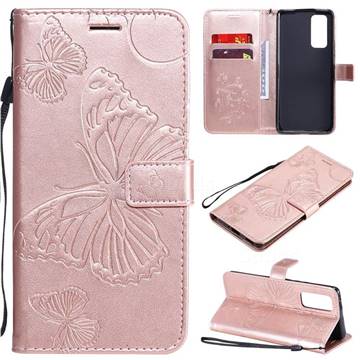 Embossing 3D Butterfly Leather Wallet Case for Huawei Honor 30 Pro - Rose Gold