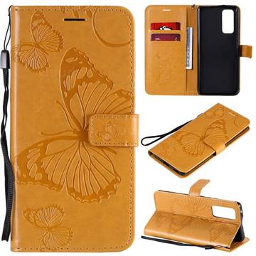 Embossing 3D Butterfly Leather Wallet Case for Huawei Honor 30 Pro - Yellow