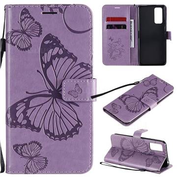 Embossing 3D Butterfly Leather Wallet Case for Huawei Honor 30 Pro - Purple