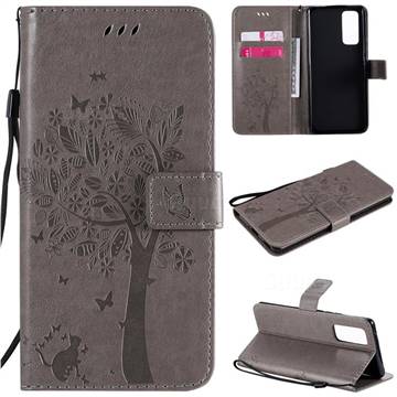 Embossing Butterfly Tree Leather Wallet Case for Huawei Honor 30 Pro - Grey