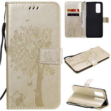 Embossing Butterfly Tree Leather Wallet Case for Huawei Honor 30 Pro - Champagne