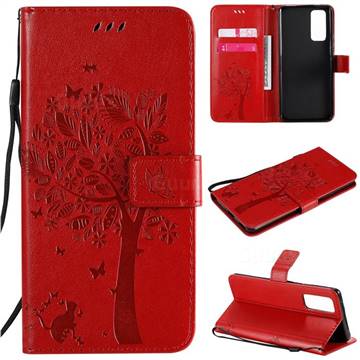 Embossing Butterfly Tree Leather Wallet Case for Huawei Honor 30 Pro - Red