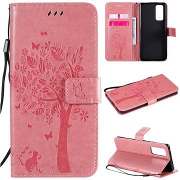Embossing Butterfly Tree Leather Wallet Case for Huawei Honor 30 Pro - Pink