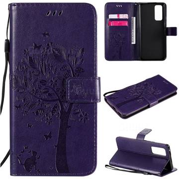 Embossing Butterfly Tree Leather Wallet Case for Huawei Honor 30 Pro - Purple