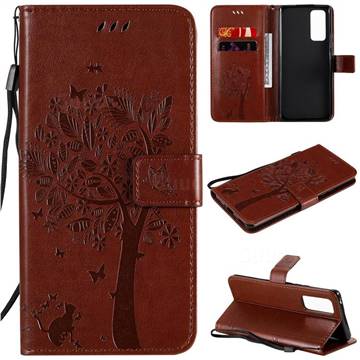 Embossing Butterfly Tree Leather Wallet Case for Huawei Honor 30 Pro - Coffee