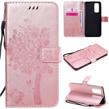 Embossing Butterfly Tree Leather Wallet Case for Huawei Honor 30 Pro - Rose Pink