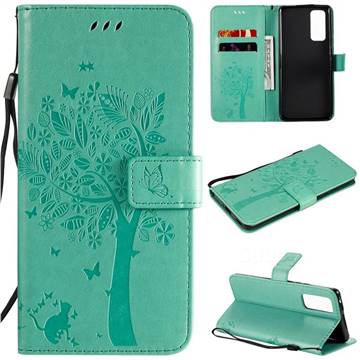 Embossing Butterfly Tree Leather Wallet Case for Huawei Honor 30 Pro - Cyan
