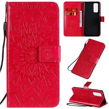Embossing Sunflower Leather Wallet Case for Huawei Honor 30 Pro - Red