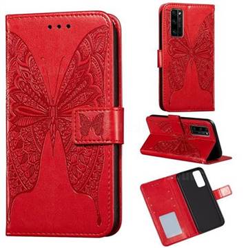 Intricate Embossing Vivid Butterfly Leather Wallet Case for Huawei Honor 30 Pro - Red