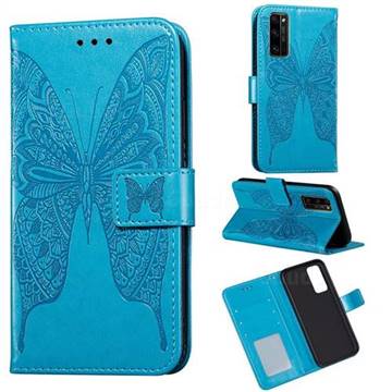 Intricate Embossing Vivid Butterfly Leather Wallet Case for Huawei Honor 30 Pro - Blue