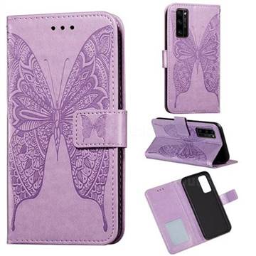 Intricate Embossing Vivid Butterfly Leather Wallet Case for Huawei Honor 30 Pro - Purple