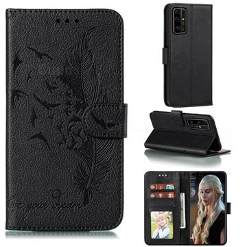 Intricate Embossing Lychee Feather Bird Leather Wallet Case for Huawei Honor 30 Pro - Black