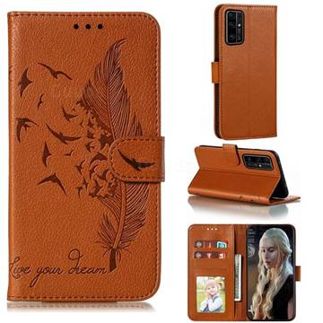 Intricate Embossing Lychee Feather Bird Leather Wallet Case for Huawei Honor 30 Pro - Brown