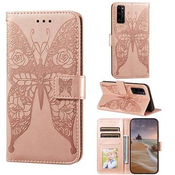 Intricate Embossing Rose Flower Butterfly Leather Wallet Case for Huawei Honor 30 Pro - Rose Gold