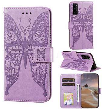 Intricate Embossing Rose Flower Butterfly Leather Wallet Case for Huawei Honor 30 Pro - Purple