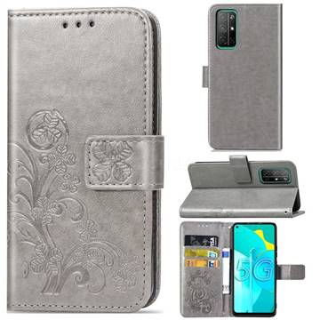 Embossing Imprint Four-Leaf Clover Leather Wallet Case for Huawei Honor 30s - Grey