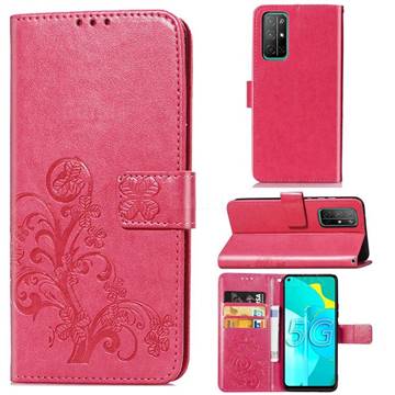 Embossing Imprint Four-Leaf Clover Leather Wallet Case for Huawei Honor 30s - Rose Red