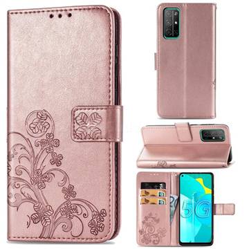 Embossing Imprint Four-Leaf Clover Leather Wallet Case for Huawei Honor 30s - Rose Gold