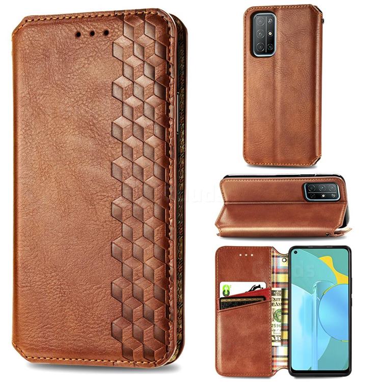 Ultra Slim Fashion Business Card Magnetic Automatic Suction Leather Flip Cover for Huawei Honor 30s - Brown