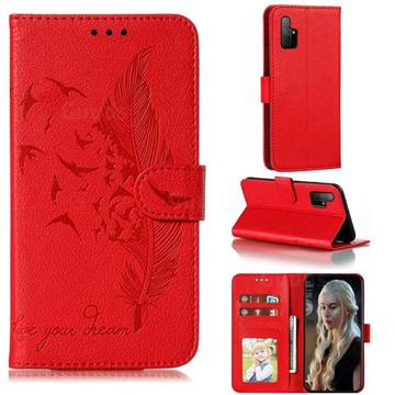 Intricate Embossing Lychee Feather Bird Leather Wallet Case for Huawei Honor 30s - Red