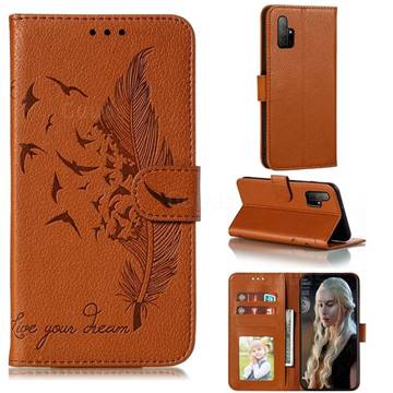 Intricate Embossing Lychee Feather Bird Leather Wallet Case for Huawei Honor 30s - Brown