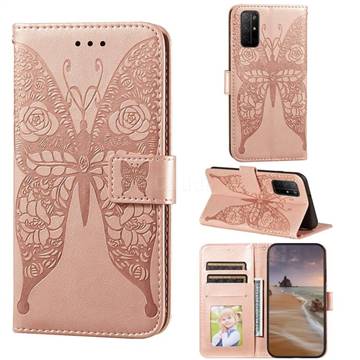 Intricate Embossing Rose Flower Butterfly Leather Wallet Case for Huawei Honor 30s - Rose Gold