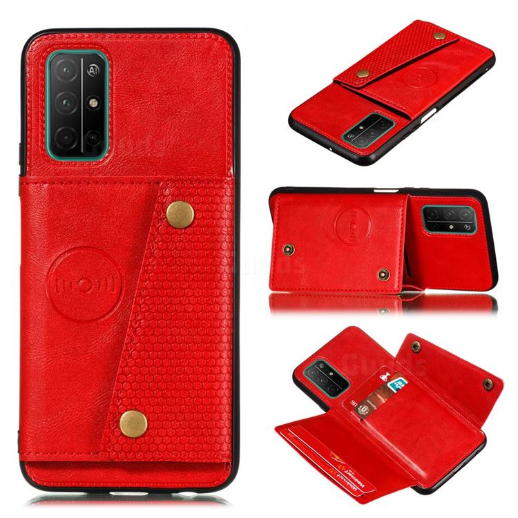 Retro Multifunction Card Slots Stand Leather Coated Phone Back Cover for Huawei Honor 30s - Red