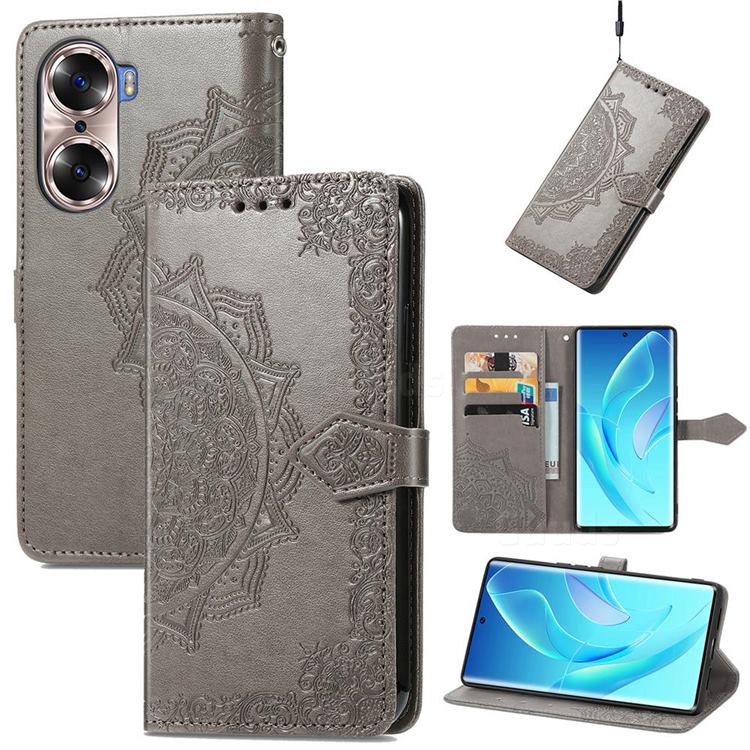Embossing Imprint Mandala Flower Leather Wallet Case for Huawei Honor 60 - Gray